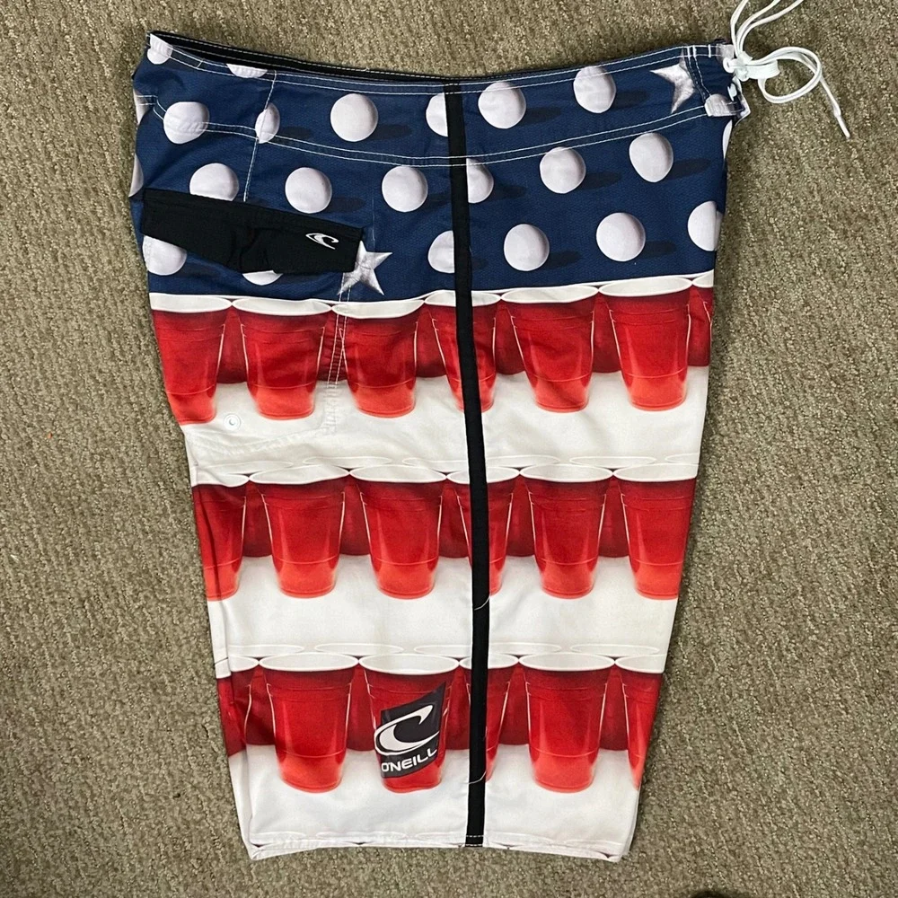 O'Neill Board Shorts Mens 38 Red Blue Solo Cup Beer Pong‎ Flag Patriotic Frat